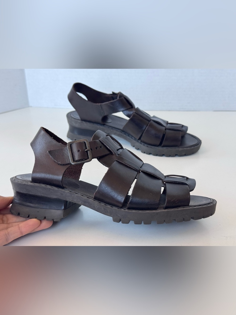 Vintage 90s MIA Y2K Brown Leather Fisherman Sandals Strappy Chunky Platform Shoe - Picture 2 of 10